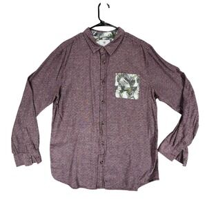 On The Byas Hawaiian Button Up Camp Shirt‎ XL Men Red Green Leaves Long Sleeve